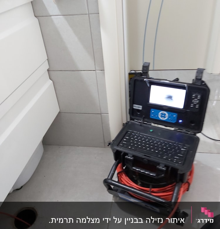 מכשיר איתור נזילות עם מסך ומצלמה בחדר אמבטיה